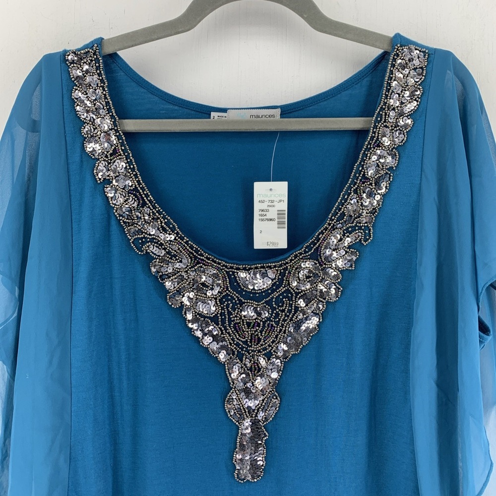 Maurice's Womens 2 Tunic Top Sequins Beaded Flutter Sleeve Fairy Whimsy Ruched - Picture 2 of 6